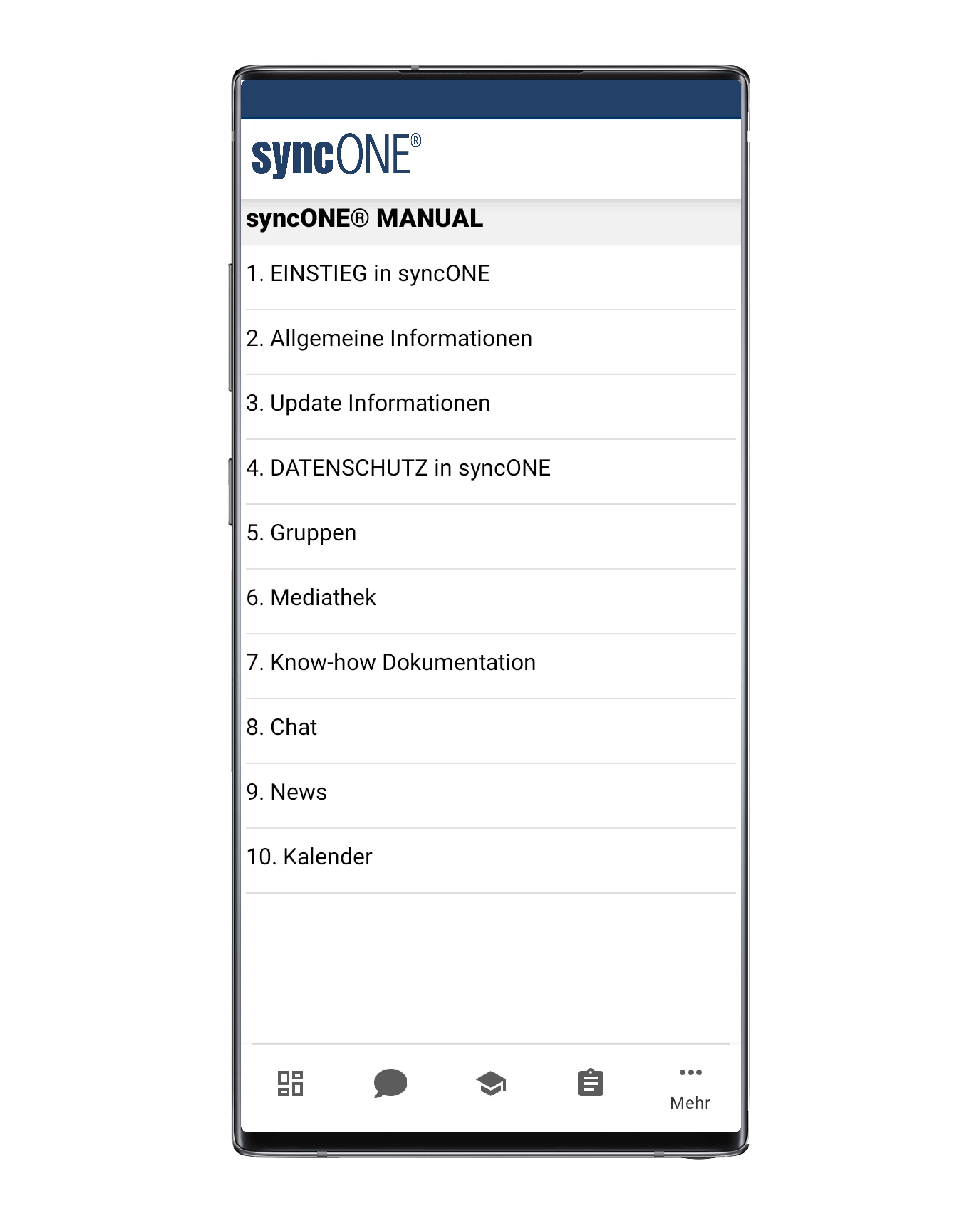 Mobile Device mit Ansicht der Know-how Dokumentation innerhalb der syncONE®-Instanz